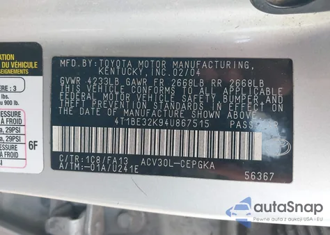 2004 Toyota Camry Xle z USA, uszkodzony, nr VIN 4T1BE32K94U867515